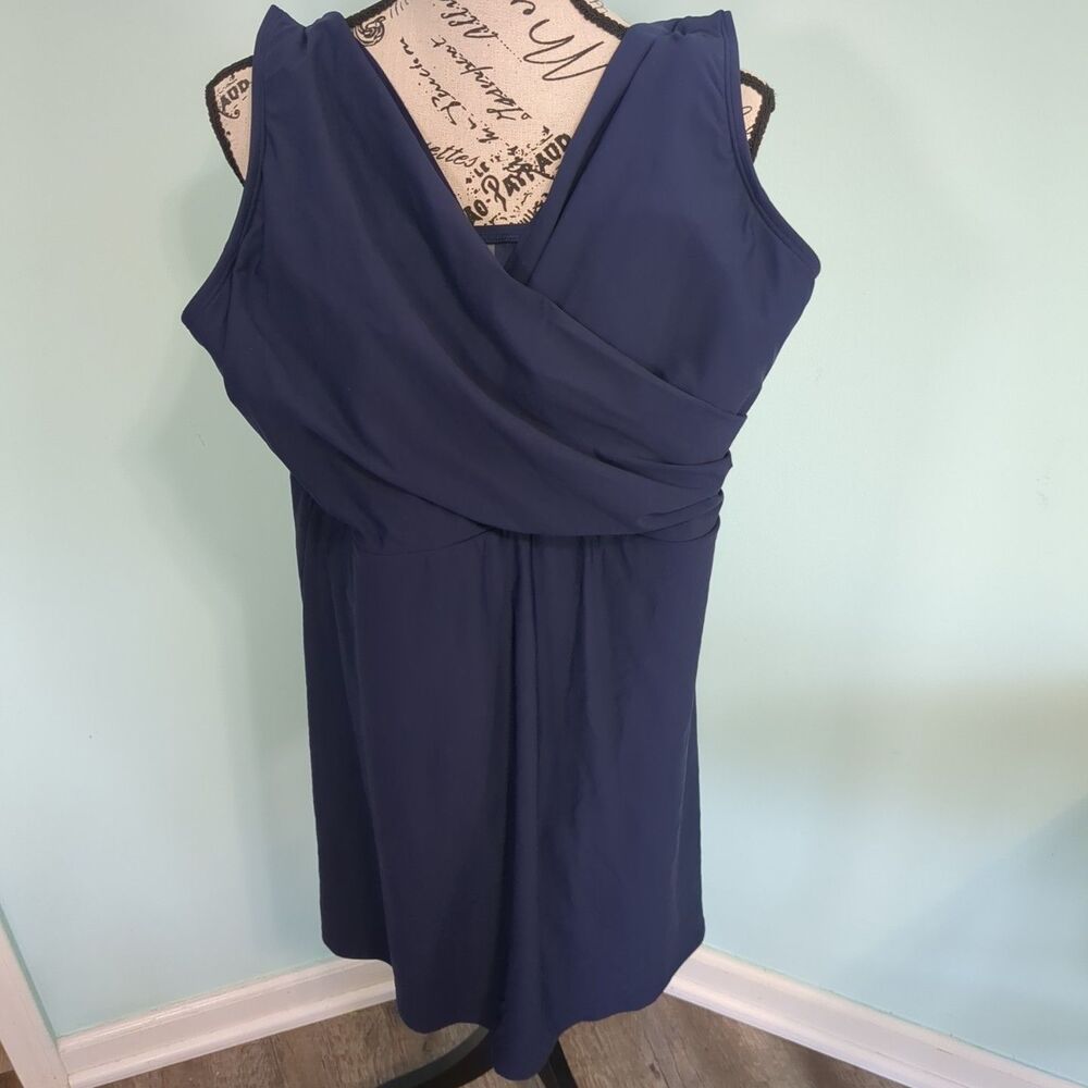 LANDS END Tummy Control Swim Dress Swimsuit blue 1 Piece Padded UPF 50+ 12 l